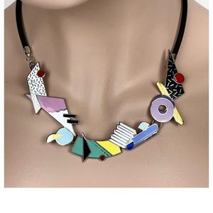 Rare Vintage Signed Acme Los Angeles Modernist Atomic Geometric Enamel Necklace
